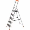 SONGMICS Leiter 5 Stufen, Aluleiter Mit 12cm Breiten Stufen, Stehleiter Mit Werkzeugschale, Klappleiter Mit Anti-Rutsch-Füßen, Max. Statische Belastbarkeit 150KG GLT05BK - Silbern-Schwarz-Orange