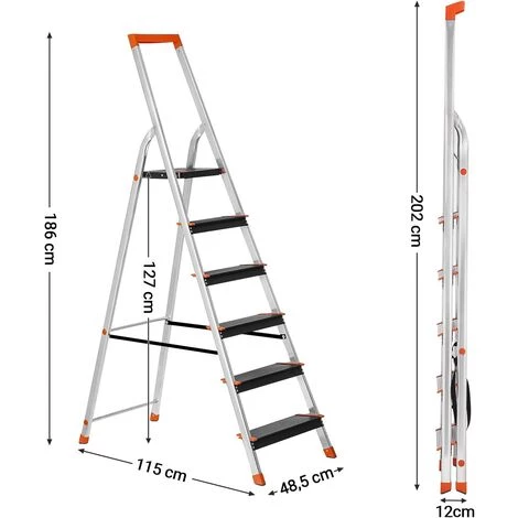 SONGMICS Leiter 6 Stufen, Aluleiter Mit 12cm Breiten Stufen, Stehleiter Mit Werkzeugschale, Klappleiter Mit Anti-Rutsch-Füßen, Max. Statische Belastbarkeit 150KG GLT06BK - Silbern-Schwarz-Orange 5 SONGMICS Leiter 6 Stufen, Aluleiter Mit 12cm Breiten Stufen, Stehleiter Mit Werkzeugschale, Klappleiter Mit Anti-Rutsch-Füßen, Max. Statische Belastbarkeit 150KG GLT06BK - Silbern-Schwarz-Orange – Bild 5