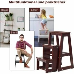 COSTWAY Leiterstuhl Tritthocker Trittstuhl Trittleiter Haushaltsleiter Hockerleiter, Aus Massivholz, Klappbar, 3 Stufen Braun -Leitern Verkaufsladen 16739637 5