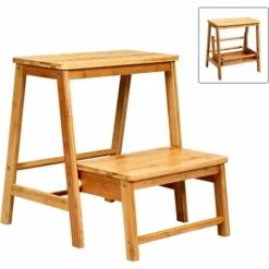 COSTWAY 2-Stufen Tritthocker, Leiterstuhl Klappbar Bambus Trittleiter Bis 150kg Haushaltsleiter 45 X 51 X 48 Cm