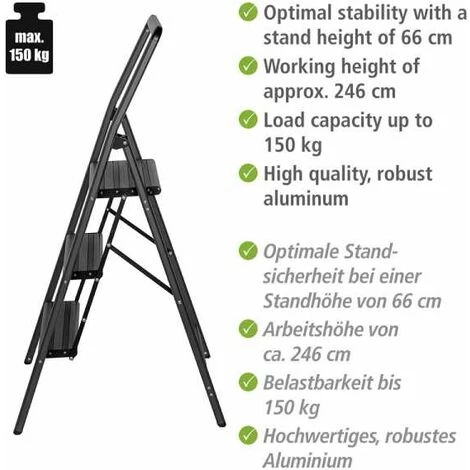 WENKO Alu Klapptritt Tritt Haushalts Leiter 3 Stufig Steh Bis 150 Kg Sicherheit 3 WENKO Alu Klapptritt Tritt Haushalts Leiter 3 Stufig Steh Bis 150 Kg Sicherheit – Bild 3
