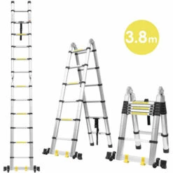 BATHRINS®3,80M Teleskopleiter Aus Hochwertigem Aluminium | Klappleiter | Mehrzweckleiter | Soft-Close-System | Sicher Und Zuverlässig