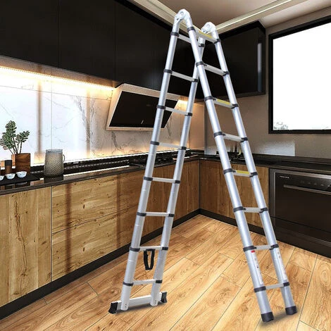AXHUP Teleskopleiter, Aluleiter Ausziehbar Klappleiter Mit 12 Sprossen Bis 150 Kg Tragfähigkeit (3.8M/Silber) 2 AXHUP Teleskopleiter, Aluleiter Ausziehbar Klappleiter Mit 12 Sprossen Bis 150 Kg Tragfähigkeit (3.8M/Silber) – Bild 2