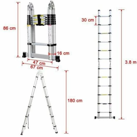 AXHUP Teleskopleiter, Aluleiter Ausziehbar Klappleiter Mit 12 Sprossen Bis 150 Kg Tragfähigkeit (3.8M/Silber) 5 AXHUP Teleskopleiter, Aluleiter Ausziehbar Klappleiter Mit 12 Sprossen Bis 150 Kg Tragfähigkeit (3.8M/Silber) – Bild 5