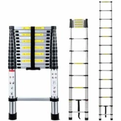 AXHUP 4,4M Teleskopleiter Aus Aluminium Höhen Verstellbar, Loftleiter Mit Stabilisator, 150 Kg/330P Belastbarkeit (Silber)