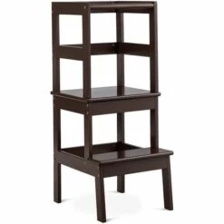 COSTWAY 2 Stufen Lernturm,Lerntower Bis Zu 70kg Belastbar,Lernstuhl Küchenhelfer,Kinder Schemel Aus Holz,fürs Badezimmer,Schlafzimmer,Wohnzimmer Dunkelbraun