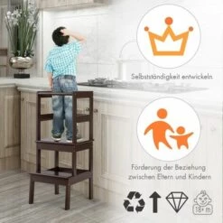 COSTWAY 2 Stufen Lernturm,Lerntower Bis Zu 70kg Belastbar,Lernstuhl Küchenhelfer,Kinder Schemel Aus Holz,fürs Badezimmer,Schlafzimmer,Wohnzimmer Dunkelbraun -Leitern Verkaufsladen 37022751 3