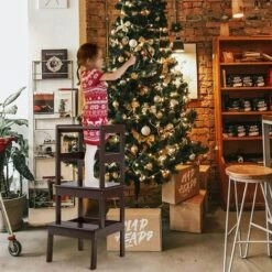 COSTWAY 2 Stufen Lernturm,Lerntower Bis Zu 70kg Belastbar,Lernstuhl Küchenhelfer,Kinder Schemel Aus Holz,fürs Badezimmer,Schlafzimmer,Wohnzimmer Dunkelbraun -Leitern Verkaufsladen 37022751 5