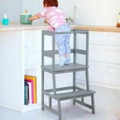GOPLUS Kinder Tritthocker, 2 Stufen Lernturm, Lerntower, Aus Bambus, Bis Zu 70kg Belastbar, Für Kinder Von 18-36 Monaten (Grau)