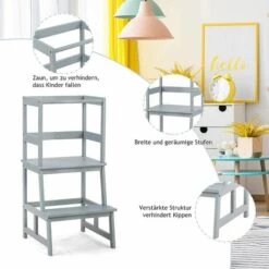 GOPLUS Kinder Tritthocker, 2 Stufen Lernturm, Lerntower, Aus Bambus, Bis Zu 70kg Belastbar, Für Kinder Von 18-36 Monaten (Grau) -Leitern Verkaufsladen 39691289 4