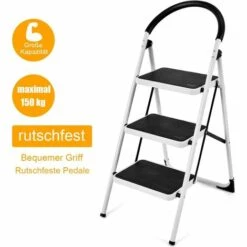 GOPLUS 3 Stufen Trittleiter, Klappleiter Aus Eisen, Klapptritt Mit Plattform Und Handlauf,Stehleiter Belastbar Bis Zu 150Kg, Rutschfest, Klappbar, Einfache Lagerung, Weiss