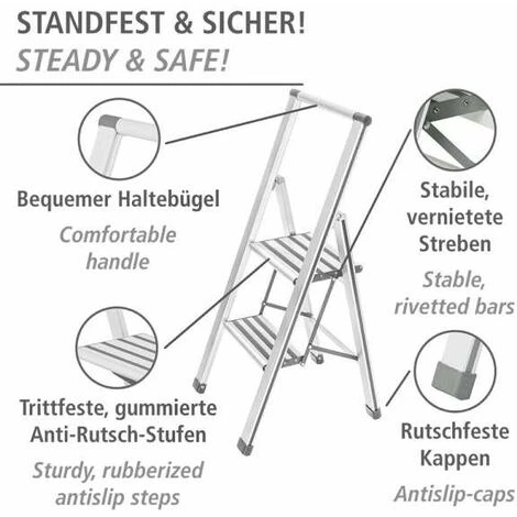 WENKO ALU Design Klapptritt Haushalts Leiter Tritt Anti Rutsch 2 Stufen Weiß 2 WENKO ALU Design Klapptritt Haushalts Leiter Tritt Anti Rutsch 2 Stufen Weiß – Bild 2