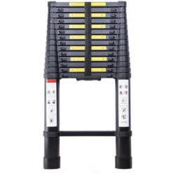 AXHUP 3,8M Teleskopleiter Aus Aluminium Höhen Verstellbar, Loftleiter Mit Stabilisator, 150 Kg/330P Belastbarkeit (Schwarz)