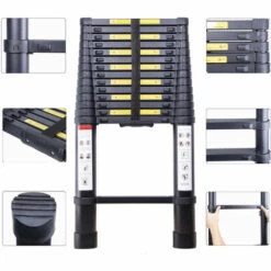 AXHUP 3,8M Teleskopleiter Aus Aluminium Höhen Verstellbar, Loftleiter Mit Stabilisator, 150 Kg/330P Belastbarkeit (Schwarz) -Leitern Verkaufsladen 47517896 3