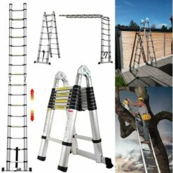 DAY PLUS 5M Mehrzweck Aluminium Teleskopleiter Ausziehbare Trittleiter A-Rahmenleiter Schwere 150kg Tragfähigkeit