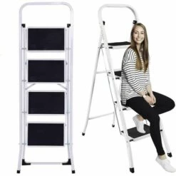 DAY PLUS Trittleiter 4 Stufen Klappbar Stehleiter Kompakte Robuste Hochwertige Stahlstufen Mit Rutschfesten Matten Für Zu Hause / Büro / Küche