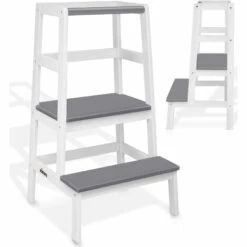 KIDUKU® Lernturm Aus Holz Weiß / Grau | Kinder-Schemel Für Kinder Ab Dem Stehalter | Lerntower Für Höchste Sicherheit | Learning Tower Für Mädchen & Jungen