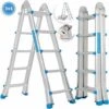 Masko® Aluminium Teleskopleiter Multifunktionsleiter Aluleiter Klappleiter Anlegeleiter , 5.10m / 4x5 Sprossen Silber/Blau