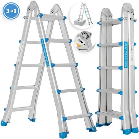Masko® Aluminium Teleskopleiter Multifunktionsleiter Aluleiter Klappleiter Anlegeleiter , 5.10m / 4x5 Sprossen Silber/Blau 1 Masko® Aluminium Teleskopleiter Multifunktionsleiter Aluleiter Klappleiter Anlegeleiter , 5.10m / 4x5 Sprossen Silber/Blau