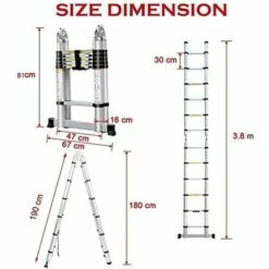 DAY PLUS Leiter Alu Teleskopleiter Klappleiter 1,9M+1,9M (12.5FT)A Rahmen Leiter Mit Stützstange 12 Sprossen Aluleiter Ausziehbar Schiebeleitern Rutschfest EN131 Mehrzweckleiter Belastbar Bis 150 Kg