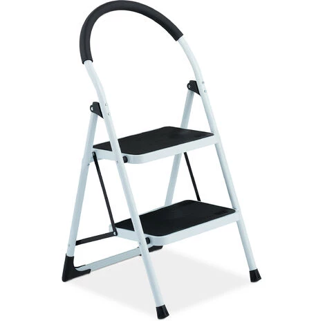 Relaxdays Trittleiter, 2 Stufen, Klappbar, Klapptritt Mit Haltebügel, Bis 120 Kg, Anti-Rutsch, Kleine Leiter Stahl, Weiß 2 Relaxdays Trittleiter, 2 Stufen, Klappbar, Klapptritt Mit Haltebügel, Bis 120 Kg, Anti-Rutsch, Kleine Leiter Stahl, Weiß – Bild 2