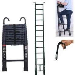 DAY PLUS 3,8M Teleskopleiter Mit Haken, Aluminium Ausziehleiter Rutschfester Klappleiter Mehrzweckleiter Aus Hochwertiges Aluminium Mit EIN-Knopf-Rückzug 330lb Belastbarkeit