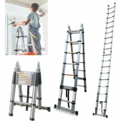 DAY PLUS Teleskopleiter 5m Klappbar Mit Stabilisator, Rutschfester Klappleiter Stehleiter Mehrzweckleiter Aus Hochwertiges Edelstahl, Maximale Belastung 150 Kg (2,5+2,5m)