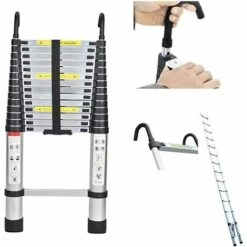 DAY PLUS 4.4m Aluminium Mehrzweckleiter Teleskopleiter Mit Abnehmbarem Haken Ausziehbar Leiter Klappleiter Anti-Rutsch Stufen Multifunktionsleiter Trittleiter 150KG Belastbarkeit