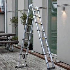 WOTTES Beidseitig Klappbare Aluminium Teleskopleiter Multifunktionale Haushalts Teleskopleiter 150 Kg Maximale Tragfähigkeit 3.8 M (1.9 M + 1.9 M) -Leitern Verkaufsladen 55287955 3