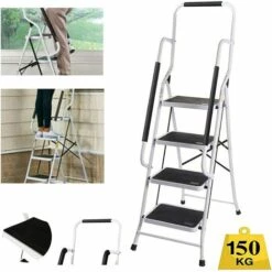 DAY PLUS Schwerlast-Handlauf-Stufenleiter Stahl 4-Stufen-Leiter Mit Handlauf Klappbare Tragbare Leiter Mit Anti-Rutsch-Matte Leiter Für Garage Home Sicherheit Haushalts-Handlauf-Stufenleiter Neu