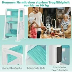 GOPLUS 2 In 1 Baby Lernturm, Küchenhelfer Mit 3 Verstellbaren Hoehen, Anti-Rutsch-Stufe, Rausfallschutz & Sitzflaeche Für 18-60 Monate, Tritthocker Aus HDPE Für Küche & Badezimmer (Grün) -Leitern Verkaufsladen 55504489 4