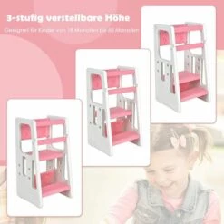 GOPLUS 2 In 1 Baby Lernturm, Küchenhelfer Mit 3 Verstellbaren Hoehen, Anti-Rutsch-Stufe, Rausfallschutz & Sitzflaeche Für 18-60 Monate, Tritthocker Aus HDPE Für Küche & Badezimmer (Rosa) -Leitern Verkaufsladen 55504508 3