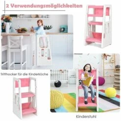 GOPLUS 2 In 1 Baby Lernturm, Küchenhelfer Mit 3 Verstellbaren Hoehen, Anti-Rutsch-Stufe, Rausfallschutz & Sitzflaeche Für 18-60 Monate, Tritthocker Aus HDPE Für Küche & Badezimmer (Rosa) -Leitern Verkaufsladen 55504508 4
