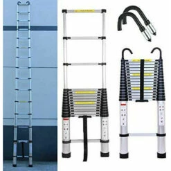 DAY PLUS 4.4m Aluminium Mehrzweckleiter Teleskopleiter Mit Abnehmbarem Haken Ausziehbar Leiter Klappleiter Anti-Rutsch Stufen Multifunktionsleiter Trittleiter 150KG Belastbarkeit Max