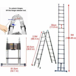 DAY PLUS 16.5FT Teleskopleiter 5m Klappbar Mit Stabilisator, Rutschfester Klappleiter Stehleiter Mehrzweckleiter Aus Hochwertiges Edelstahl, Maximale Belastung 150 Kg (2,5+2,5m)
