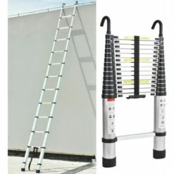 DAY PLUS 16.4ft / 5M Aluminium Verlängerungsleiter Heavy Duty Verlängerungsleiter Tragbare Dachbodenleitern Aluminium Mit Dachhaken Für Dachboden Loft Arbeitsplatz Faltbare Platzsparende Teleskop-Trittleiter