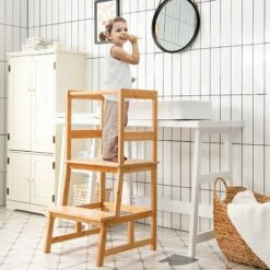 COSTWAY 2 Stufen Lernturm, Lerntower Bis Zu 70 Kg Belastbar, Kinder Tritthocker Aus Bambus, Lernstuhl Küchenhelfer, Kinder Schemel Für Kinder Im Alter Von 18-36 Monaten Natur