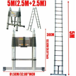DAY PLUS Teleskopleiter 5m Höhe Klappbar Mit Stabilisator, Rutschfester Klappleiter Stehleiter Mehrzweckleiter Aus Hochwertiges Edelstahl, Maximale Belastung 150 Kg (2,5+2,5m)A-FRAME 16.5FT