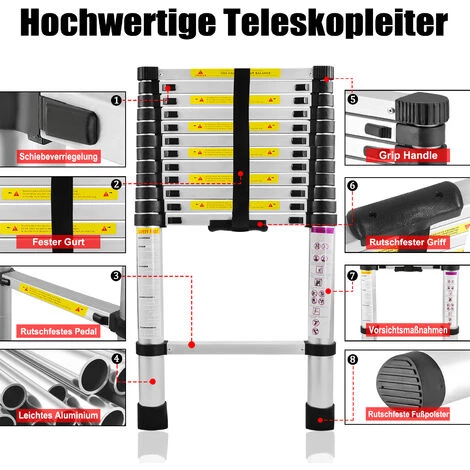 UISEBRT Aluminium Teleskopleiter Klappbar 3,8m Multifunktionsleiter Aluleiter Klappleiter 150 Kg Belastbarkeit (3,8m) 3 UISEBRT Aluminium Teleskopleiter Klappbar 3,8m Multifunktionsleiter Aluleiter Klappleiter 150 Kg Belastbarkeit (3,8m) – Bild 3