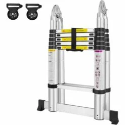 UISEBRT 3.8M Teleskopleiter Klappbar Alu-Teleskopleiter Ausziehleiter Klappleiter Teleskop-Design Multifunktionsleiter 1,9M+1,9M Faltbar Stehleiter 150 Kg Belastbarkeit, Silber