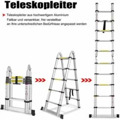 UISEBRT 3.8M Teleskopleiter Klappbar Alu-Teleskopleiter Ausziehleiter Klappleiter Teleskop-Design Multifunktionsleiter 1,9M+1,9M Faltbar Stehleiter 150 Kg Belastbarkeit, Silber -Leitern Verkaufsladen 59928602 5