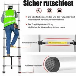 UISEBRT Teleskopleiter Aluminium 3.8M, Ausziehleiter Multifunktionsleiter Alu-Teleskopleiter Rutschfester Mehrzweckleiter Stehleiter Aluleiter 150 Kg Belastbarkeit, Silber -Leitern Verkaufsladen 59928618 5