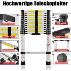 UISEBRT Teleskopleiter Aluminium 4.4M, Ausziehleiter Multifunktionsleiter Alu-Teleskopleiter Rutschfester Mehrzweckleiter Stehleiter Aluleiter 150 Kg Belastbarkeit, Silber -Leitern Verkaufsladen 59928629 3