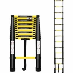 UISEBRT Teleskopleiter 3,8m Klappbar Alu-teleskopleiter Mehrzweckleiter Rutschfester Aluleiter Schiebeleiter Multifunktion Faltbar Leiter Ausziehleiter Max 150 Kg Belastbarkeit, Schwarz