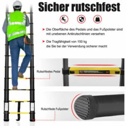 UISEBRT Teleskopleiter 3,8m Klappbar Alu-teleskopleiter Mehrzweckleiter Rutschfester Aluleiter Schiebeleiter Multifunktion Faltbar Leiter Ausziehleiter Max 150 Kg Belastbarkeit, Schwarz -Leitern Verkaufsladen 61240983 4