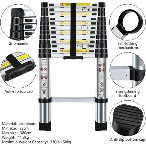 JN.SONGS 5.0M Teleskopleiter Leiter Ausziehbar Aluminium, Mehrzweckleiter Klappleiter, 150 Kg/330 Pfund Belastbarkeit 2 JN.SONGS 5.0M Teleskopleiter Leiter Ausziehbar Aluminium, Mehrzweckleiter Klappleiter, 150 Kg/330 Pfund Belastbarkeit – Bild 2