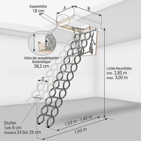 LEITER EXPERTEN - MATISERE Scherentreppe - Lichte Raumhöhe Von 2.90m Bis 3.00m, Deckenöffnung 70 X 80cm, Holzkasten Mit Metall-Blendleisten Und Montagewinkeln - LST7080-300 2 LEITER EXPERTEN - MATISERE Scherentreppe - Lichte Raumhöhe Von 2.90m Bis 3.00m, Deckenöffnung 70 X 80cm, Holzkasten Mit Metall-Blendleisten Und Montagewinkeln - LST7080-300 – Bild 2