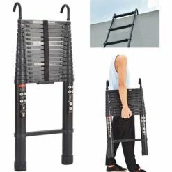 DAY PLUS Aluminium-Teleskopleiter Mit Haken 6.2m 15 Stufen Teleskop Gerade Leiter Platzsparende En 131 Zertifikat Maximale Last 150Kg Für Fensterreinigung Gebäude Wartungsaufgaben, Schwarz