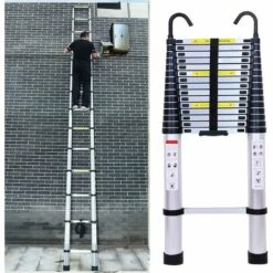 DAY PLUS 6.2m Teleskopleiter Aus Aluminium Mit 2 Abnehmbaren Haken, Verstellbare Dachbodenleiter Leiter Telescoping Ladder Max. Belastung 150kg/330lbs