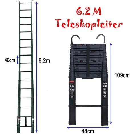 DAY PLUS 6,2m Teleskopleiter Ausziehleiter Mit Abnehmbarem Haken Für Wohnmobil/Dachboden/Büro/Warenhaus Mehrzweckleiter (Schwarz) 2 DAY PLUS 6,2m Teleskopleiter Ausziehleiter Mit Abnehmbarem Haken Für Wohnmobil/Dachboden/Büro/Warenhaus Mehrzweckleiter (Schwarz) – Bild 2